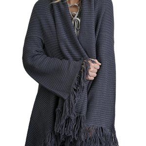 Umgee Gray Open Front Fringe Knit Cardigan Sweater